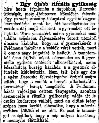 „Rituális gyilkosság.” (Forrás: Pesti Hírlap, 1883. 04. 25., 6. o.)
